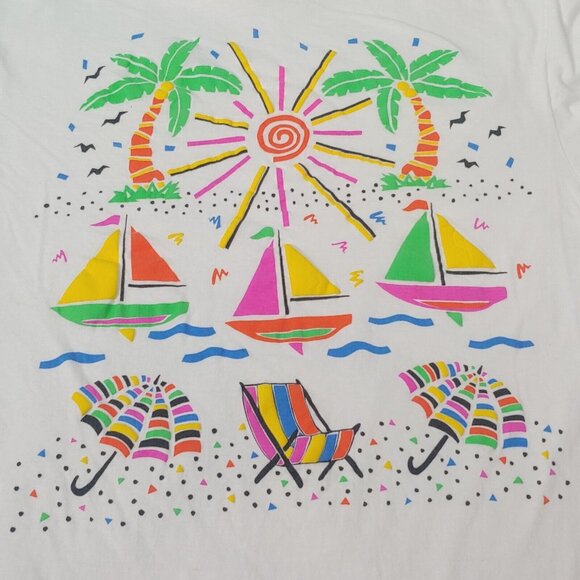 Vintage Single Stitch Beach XL T Shirt White Neon Puffy Graphic Sail Sun Palms - Picture 2 of 12